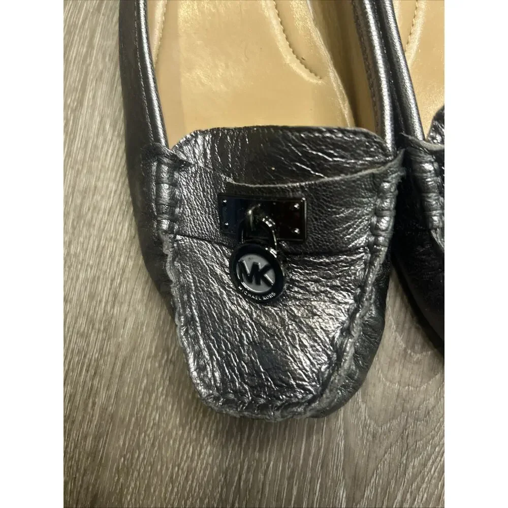Michael Kors Silver Leather Loafer Flats Logo Accent Square Toe for Women Sz 7.5